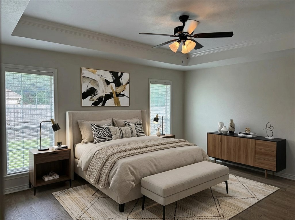 225 Karten Lane College Station, TX 77845 - Photo 4 of 45 staged primary bedroom with tray ceiling and tons of space as well as large walk in closet