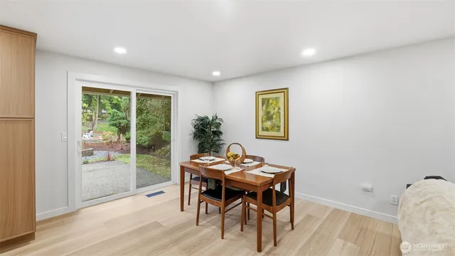 a view of a dining room with furniture window and wooden floor