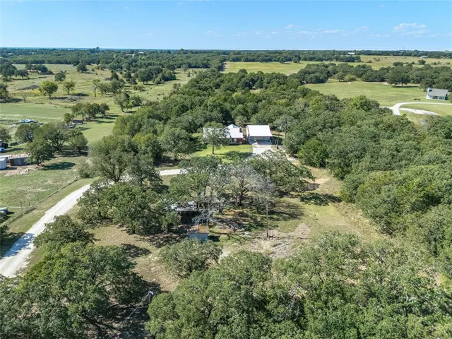 a view of a city with lush green forest