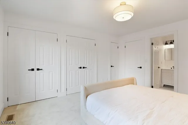 a bedroom with a bed and a closet