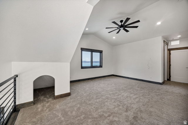 300 Knoll Loop, Unit 227 Fish Haven, ID 83287 - Photo 17 of 56 Additional living space with carpet, a ceiling fan, lofted ceiling, and recessed lighting