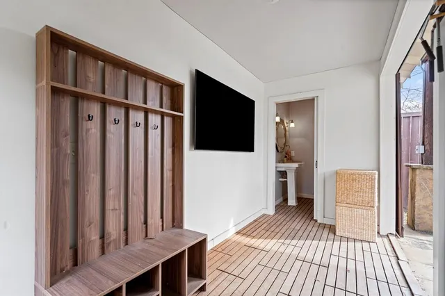 a view of a living room with a large window