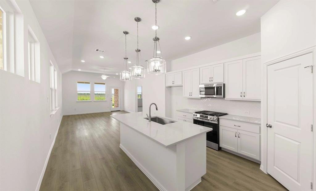 14200 Gallatin Street Pilot Point, TX 76258 - Photo 5 of 14 a kitchen with stainless steel appliances kitchen island granite countertop a stove a sink and a refrigerator