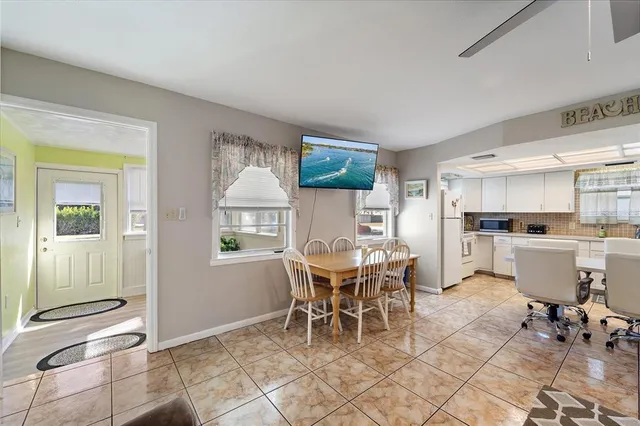 a view of a dining room with furniture