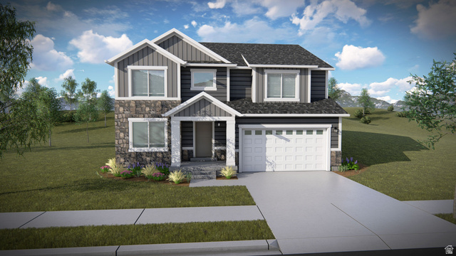 51 West Harmony Rdg Parkway, Unit 604 Mapleton, UT 84664 - Photo 2 of 5 View of front facade with stone siding, a front yard, driveway, and board and batten siding