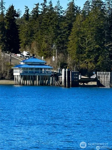 a view of a swimming pool with a table and chairs under an umbrella