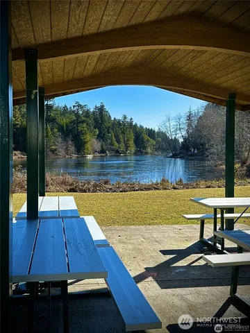 a view of a swimming pool with a garden and trees