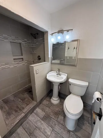 a bathroom with a sink toilet and mirror