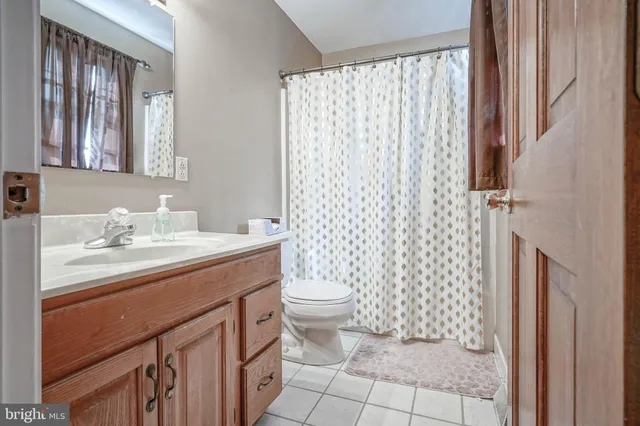 a bathroom with a sink a toilet and shower curtain