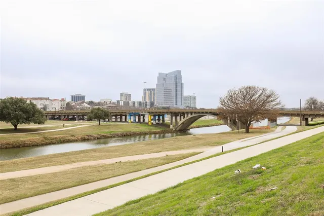a view of a swimming pool and an outdoor space
