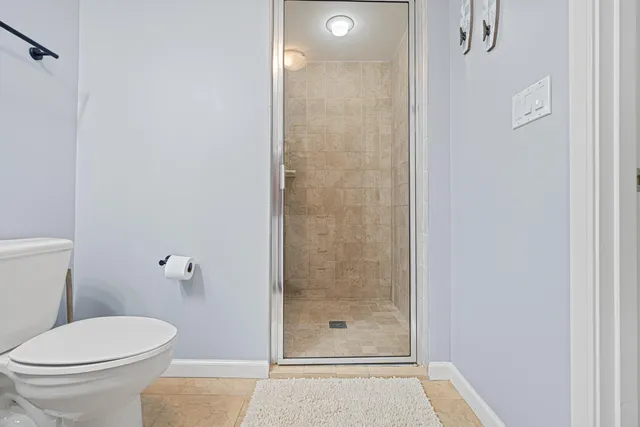 a bathroom with a shower and a toilet
