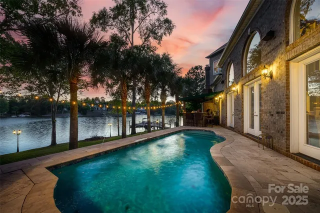 a view of a lake with a garden