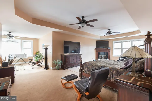 a bedroom with a bed and ceiling fan