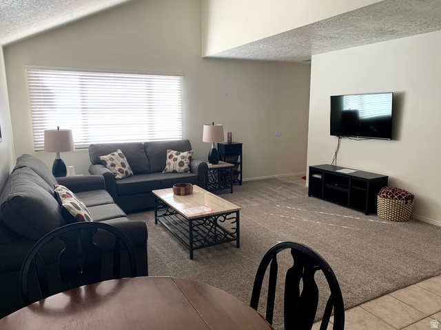 860 South Village Road, Unit B11 St. George, UT 84770 - Photo 4 of 19 Carpeted living room featuring a textured ceiling and tile patterned flooring