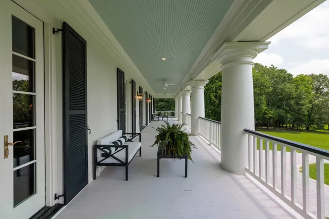 a view of a swimming pool with lawn chairs and plants