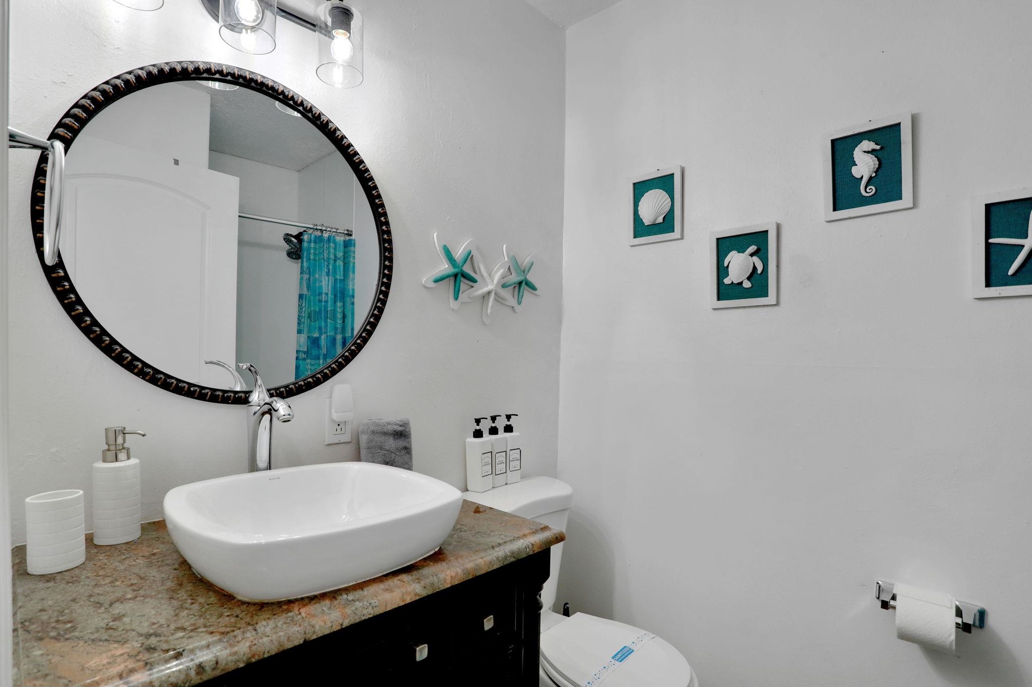 237 Riberia Street St. Augustine, FL 32084 - Photo 21 of 36 a bathroom with a sink a mirror and a toilet