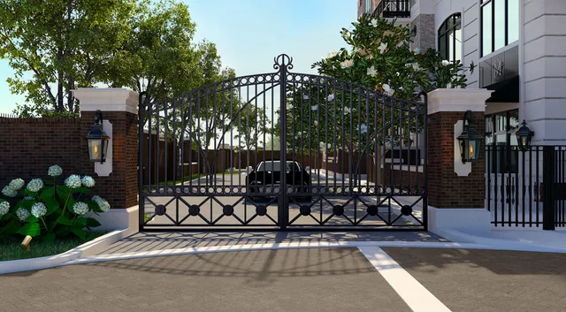 a view of a street with wooden bench