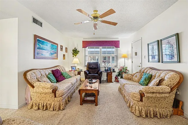 a living room with furniture ceiling fan and a rug