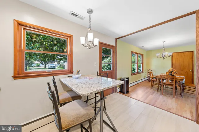 a view of a dining room with furniture window and outside view