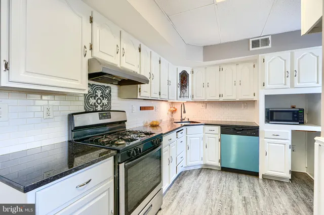 a kitchen with stainless steel appliances white cabinets a stove a sink and wooden floors