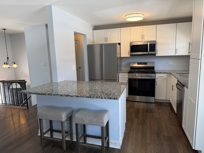 620 South 9th Avenue St. Charles, IL 60174 - Photo 9 of 30 a kitchen with kitchen island granite countertop a stove top oven a sink dishwasher a dining table and chairs with wooden floor