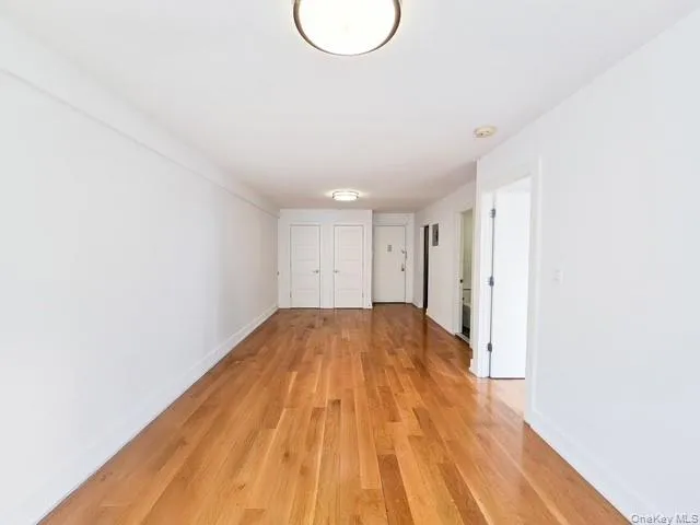 a view of empty room with wooden floor