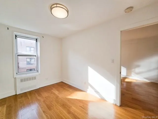 a view of empty room with wooden floor