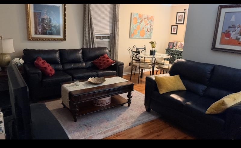 Living room featuring wood finished floors and cooling unit