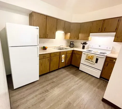 a kitchen with a refrigerator sink stove and cabinets