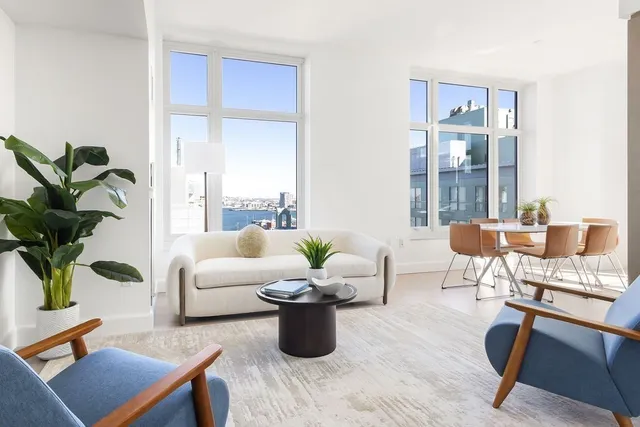 a living room with furniture potted plant and a large window