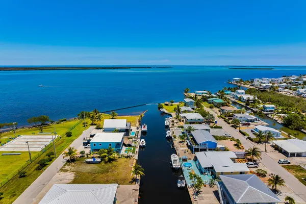 an aerial view of a houses with a lake view