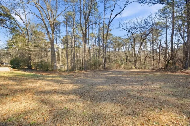 a view of dirt field with large trees