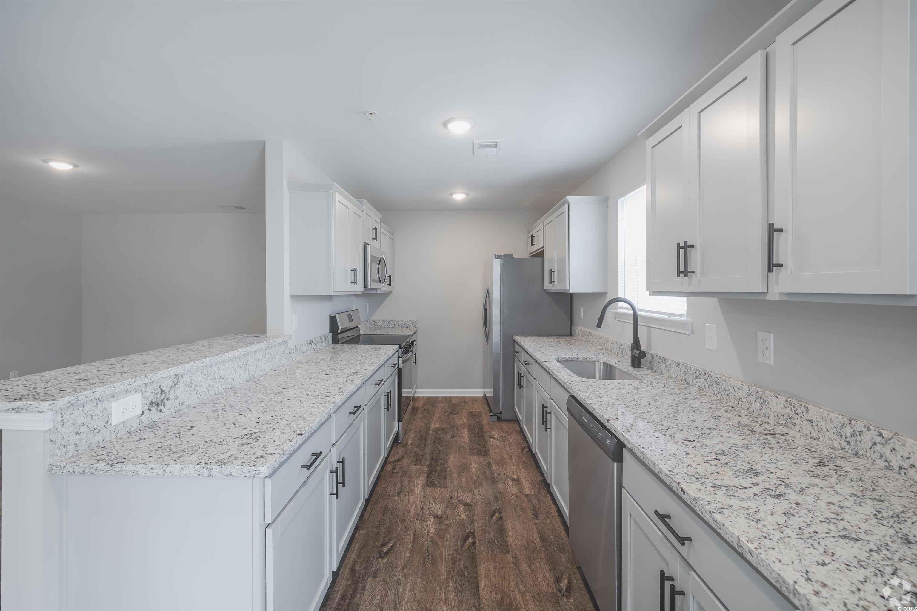 318 South Black Swamp Court, Unit 202 Conway, SC 29526 - Photo 2 of 8 Kitchen featuring dark wood-type flooring, stainless steel appliances, light stone countertops, white cabinets, and a peninsula