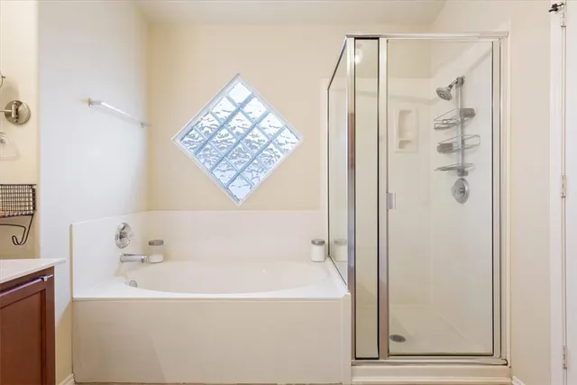 a bathroom with a bathtub and shower