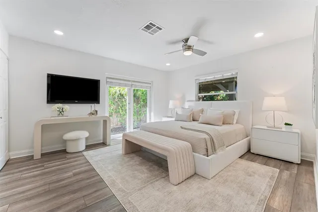 a spacious bedroom with a large bed and a flat screen tv