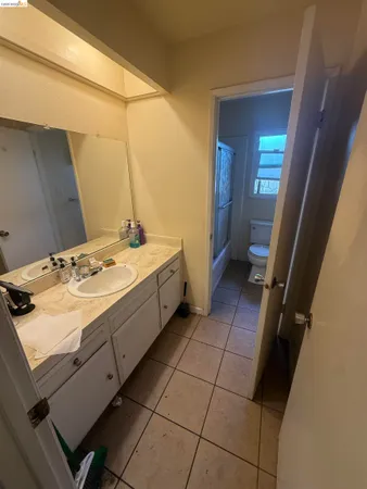 a bathroom with a sink a toilet and a mirror