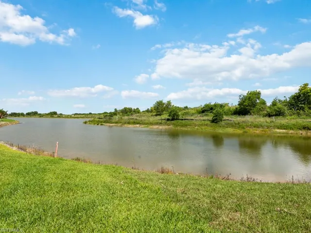 a view of a lake with houses in the back