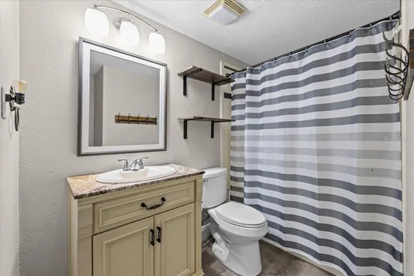 a bathroom with a sink a toilet a mirror and shower curtain