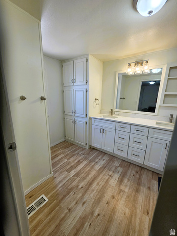 1604 180 East Tooele, UT 84074 - Photo 8 of 16 Primary Bathroom featuring wood-finish flooring, white vanity with dual sinks, white quartz countertop, and extensive built-in cabinetry