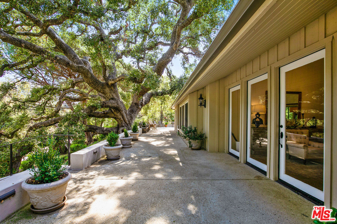 6133 Ramirez Canyon Road Malibu, CA 90265 - Photo 19 of 53 a view of a patio with table and chairs potted plants and large tree