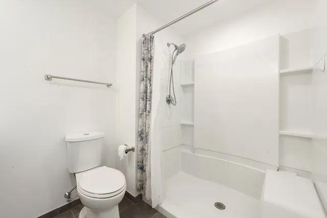 a bathroom with a shower and a toilet