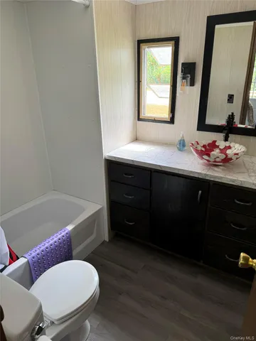 a bathroom with a sink vanity mirror bathtub and toilet