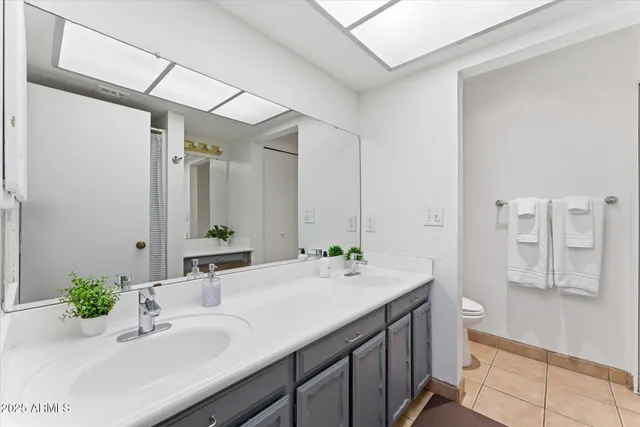 a bathroom with a double vanity sink mirror double and shower