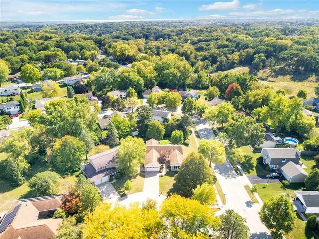 a aerial view of a house with a yard and potted plants
