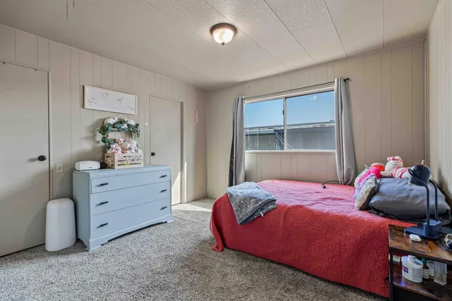 a bedroom with a bed and a closet