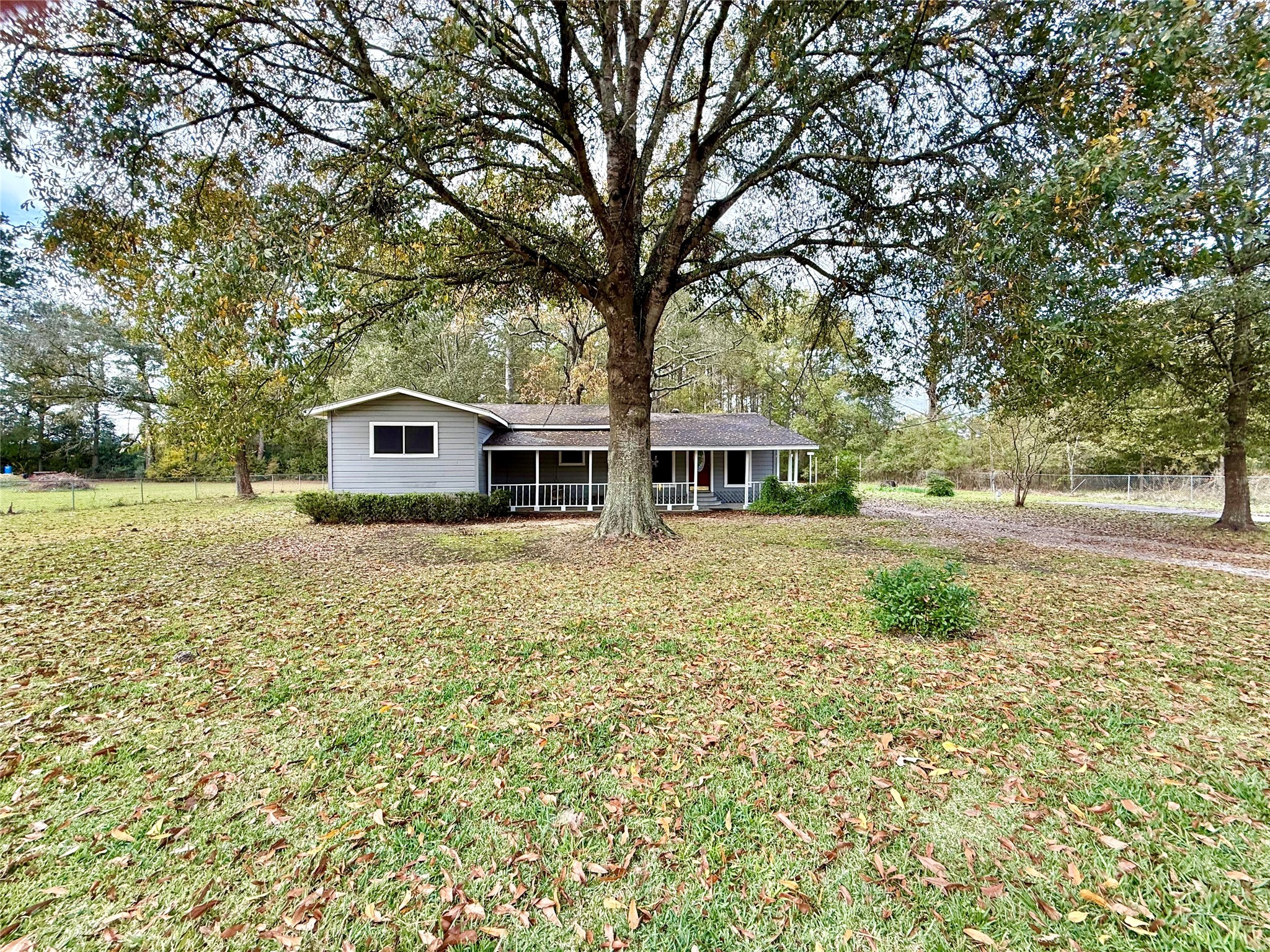 a large white house with a yard and large trees