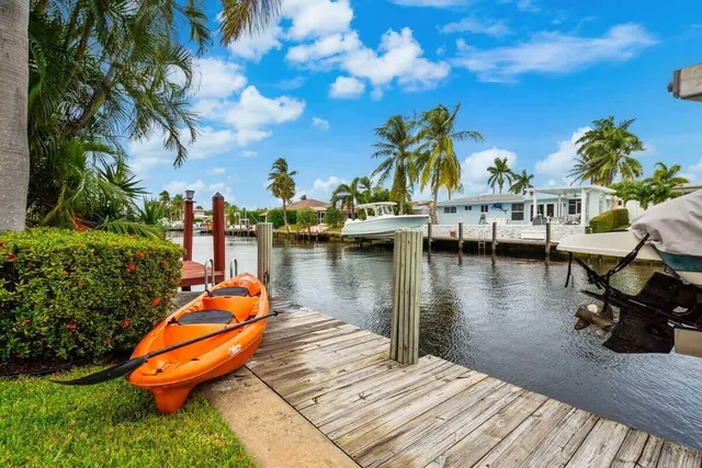 a view of a lake with boats and palm trees