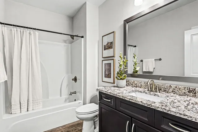 a bathroom with a granite countertop sink toilet and shower