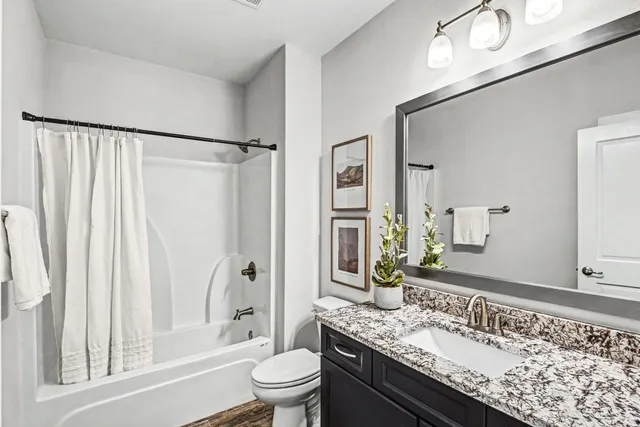 a bathroom with a granite countertop sink toilet and shower