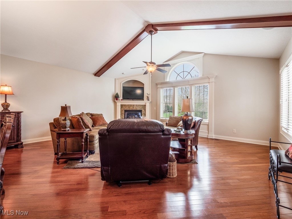5349 Slater Ridge Westerville, OH 43082 - Photo 15 of 50 Living room featuring hardwood / wood-style flooring, a glass covered fireplace, and ceiling fan